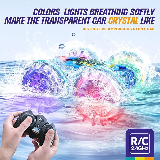 Amphibious Remote Control Car, 4WD Waterproof RC Car 360° Flips Rotation Hand Gesture Stunt RC Boat Pool Toy for Kids Ages 4-8, Lake Beach Water Toys Birthday Gifts for 5 6 7 8-12 Year Old Boys