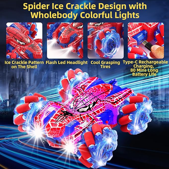 Spider Remote Control Car with WholeBody Colorful Light, 2.4Ghz RC Stunt Cars Toys, Double Sided Off-Road 360° Rotating,Rechargeable 4WD RC Drift Car Spider Toys for Boys Kids 4-6 5-7 8-12