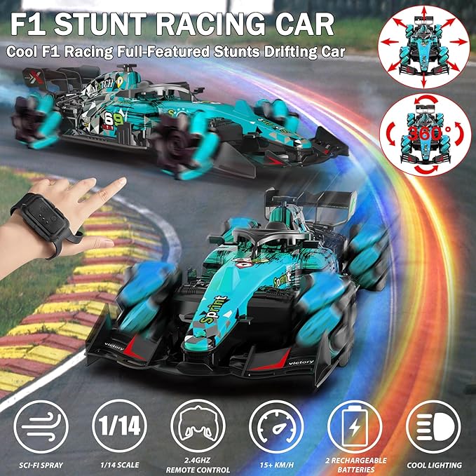 Gesture Sensing Remote Control Car, F1 RC Stunt Car 1:14 Scale 4WD 2.4GHz 360 ° Rotating RC Cars Toy for Kids with Spray Lights RC Drift Car Boys Girls Gifts Birthday Xmas for 6-12 Year Old