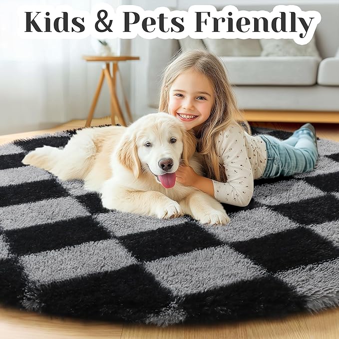 KICMOR Round Rug 4ft for Bedroom, Soft Fluffy Circle Area Rug Cute Fuzzy Shag Shaggy Small Living Room Carpet, Black and Grey Plush Checkered Circular Rug for Kids Room Nursery Home Decor Aesthetic