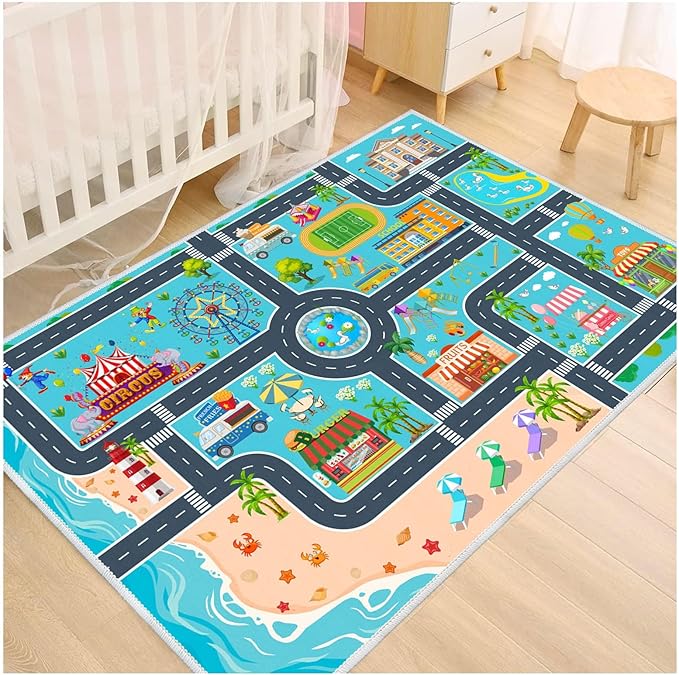 Kids Carpet Playmat Car Rug, Car Rug for Kids Toy Cars and Train, Non Slip Play Mat for Playroom Kids Room, City Life Educational Road Traffic Carpet for Classroom Nursery(Light Blue,39×59in)