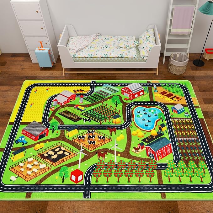 Kids Rug Play Mat for Toy Cars, 59"×78.7" Farm Life Road Traffic for Playroom Kids Car Road Rug Village Map Mat Farm Animals Washable Play Carpet for Toddlers Boys Room Family Tummy Time Playtime