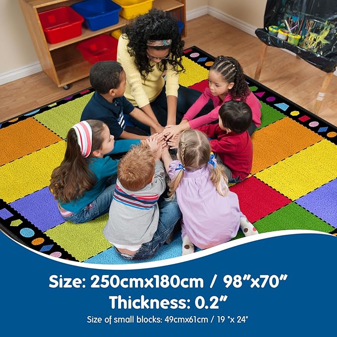 Booooom Jackson Classroom Rug Elementary, Large Classroom Carpet Preshool Seating Rug for School, Children's Classroom Area Rug Carpet with Non-Slip Backing（8.2 x 5.9 ft,18Seat GMTmt