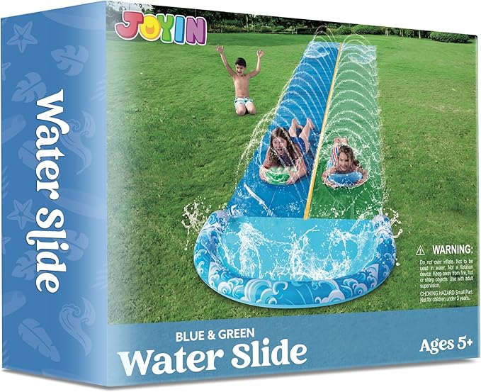 JOYIN 22.5FT Water Slide and 2 Inflatable Boards, Extra Long Heavy Duty Double Lawn Waterslide with Sprinkler for Kids Adults Backyard Summer Water Toy Outdoor Fun, Blue, Green