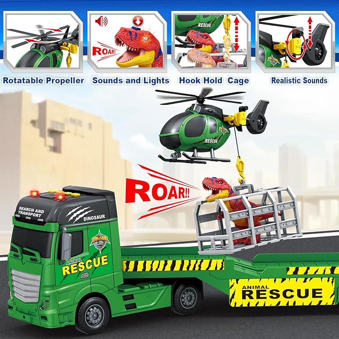 Toddler Boy Toys for 3 4 5 6 7 Years Kids, 23" Semi Flatbed Truck Toy with a Dinosaure Truck, Friction Powered Vehicles Toys with Lights and Sounds, Birthday for Boy Girls