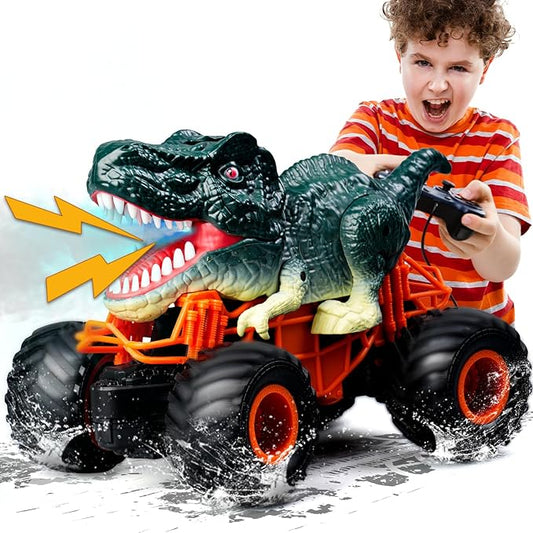 Dinosaur Monster Truck Toys - Remote Control Dinosaur Car, 2.4Ghz RC Truck with Lights, Music & Spray - Electric Hobby RC Cars for Toddlers - Birthday Gift for Kids Boys Girls Ages 2-8 (Green)