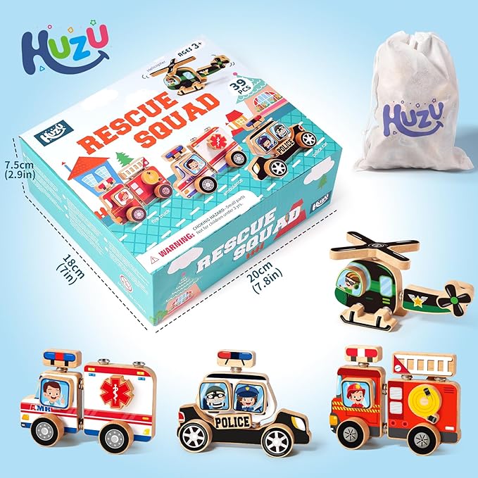 Emergency Vehicles 3D Puzzle Toy, HUZU Rescue Squad Wooden Snap Button Connection Building Blocks for Kids 3-8, Fire Truck Ambulance Police Car Helicopter Montessori Gifts for Preschool Children