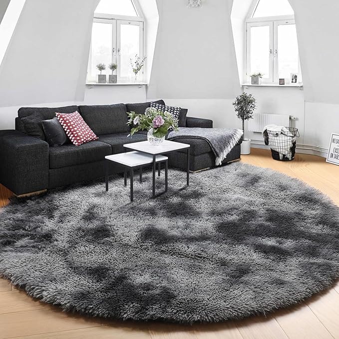 Amdrebio Tie-Dyed Dark Grey Round Area Rugs for Living Room, 7x7 Rug, Soft Thick Large Circle Rug for Bedroom, Big Shag Fluffy Plush Carpet for Mens Boys Kids Room, Modern Cool Furry Circular Rug