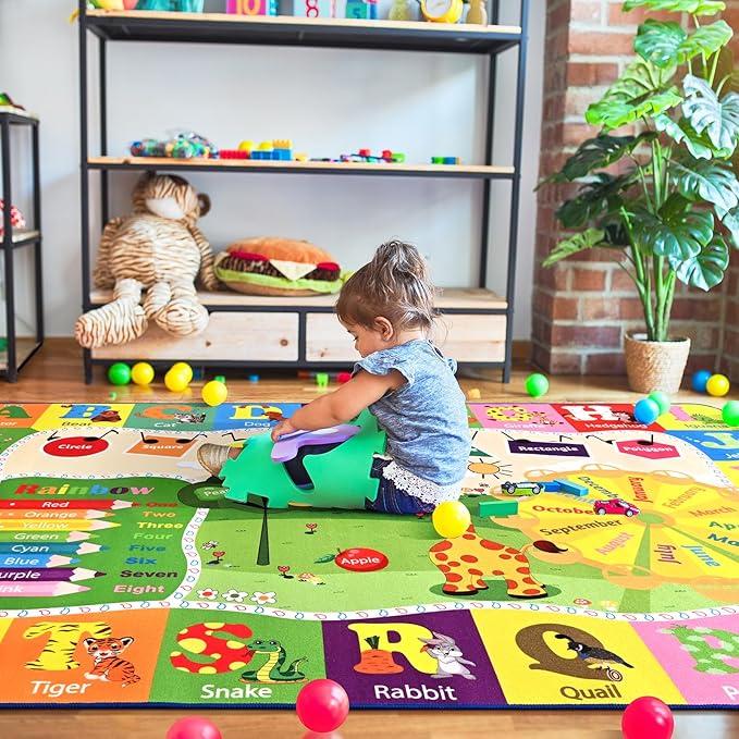 Playroom Rug Baby Play Mat for Floor ABC Rug for Kids Educational and Fun Playmat with Alphabet Animals Shapes Colors 5x7 Area Rug Learning Rugs for Toddler Children Game Activity