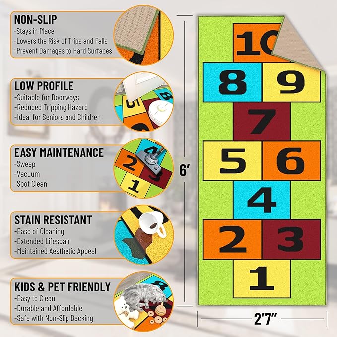 Ottomanson 2'7" x 6' Hopscotch Kids Rug - Play Mat for Playroom, Bedroom, Daycare & Classroom - Fun & Interactive Game Carpet - Durable and Non-Slip - Perfect for Learning & High-Traffic Areas, Green