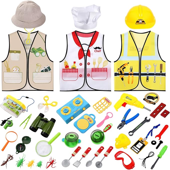 Deekin 3 Sets Kids Dress Up and Pretend Clothes with Plastic Toys for Toddler 3-7 Ages, Role Play Construction Worker, Chef, Explorer Dress Up Vest for Boys Girls Costumes Accessories Play