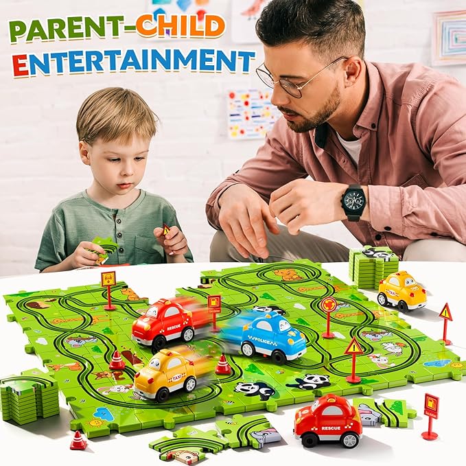 64 PCS Puzzle Race Track Car Set Toys for Kids Boys, Puzzle Tracks Car Toys for Boys Ages 3-5 4-6, Toddler Toys Gifts for 3 4 5 Year Old Boys, Ideal 3 4 5 6 Year Old Boys Birthday Gifts