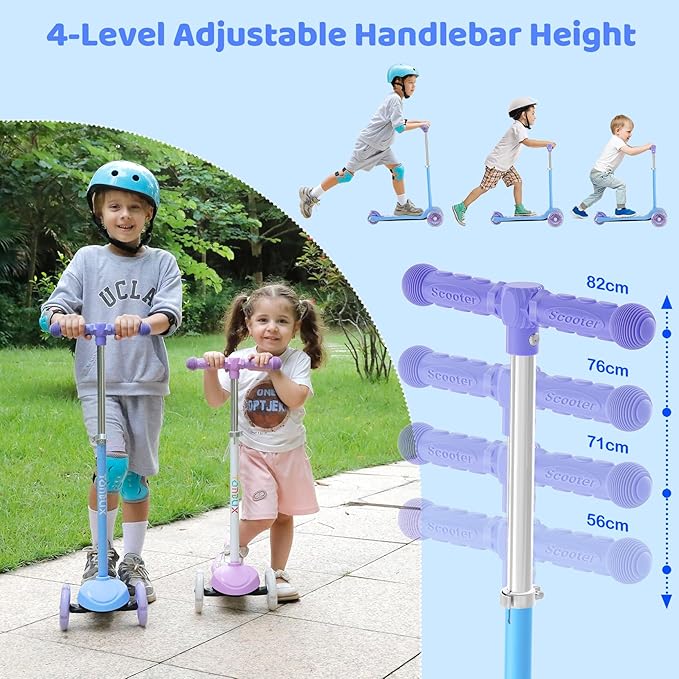 TONBUX Kids Scooter for Ages 3-5, Toddler Scooter with Light-Up Deck and Wheels, Adjustable 4-Level Height 3-Wheel Scooter for Kids, Lean-to-Steer Design