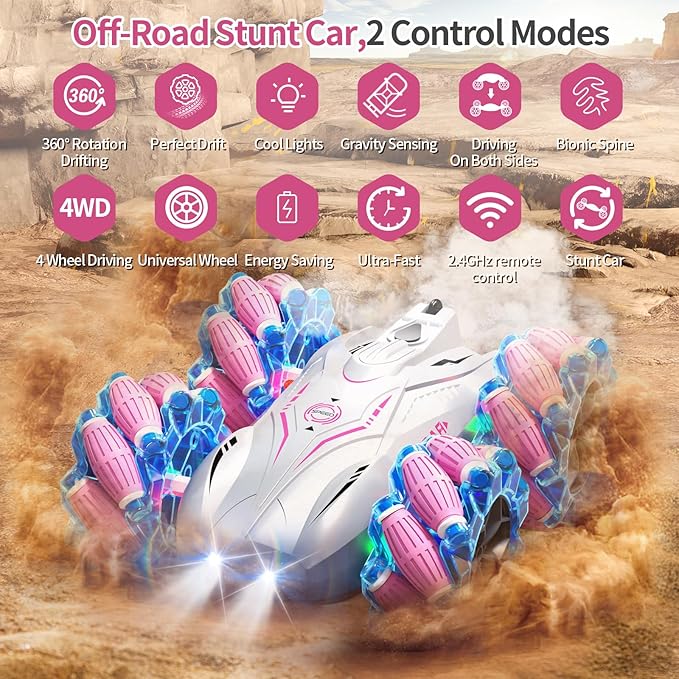 RC Gesture Sensing Stunt Car,2.4GHz 4WD Remote Control Car with Cool Light,Double Sided Rotating Off Road Vehicle 360 Degree Flips Cars for 6-12 Year Old Boys Girls Birthday Presents [Pink]