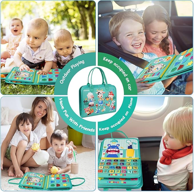 Montessori Busy Board - Sensory Learning Toys for Toddlers 1-6 Years, 10 Pages, 32 Activities, Airplane Car Travel Educational Toys for Autism, Baby Birthday Gift