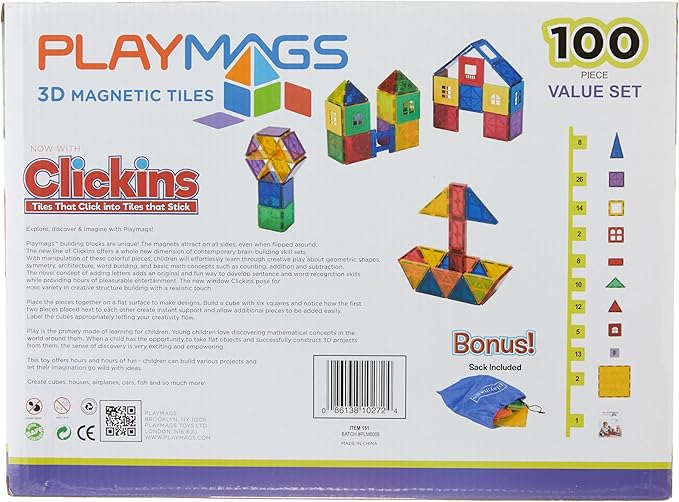 Playmags 100-Piece Magnetic Tiles Building Blocks Set, 3D Magnet Tiles for Kids Boys Girls, Educational STEM Toys for Toddlers…