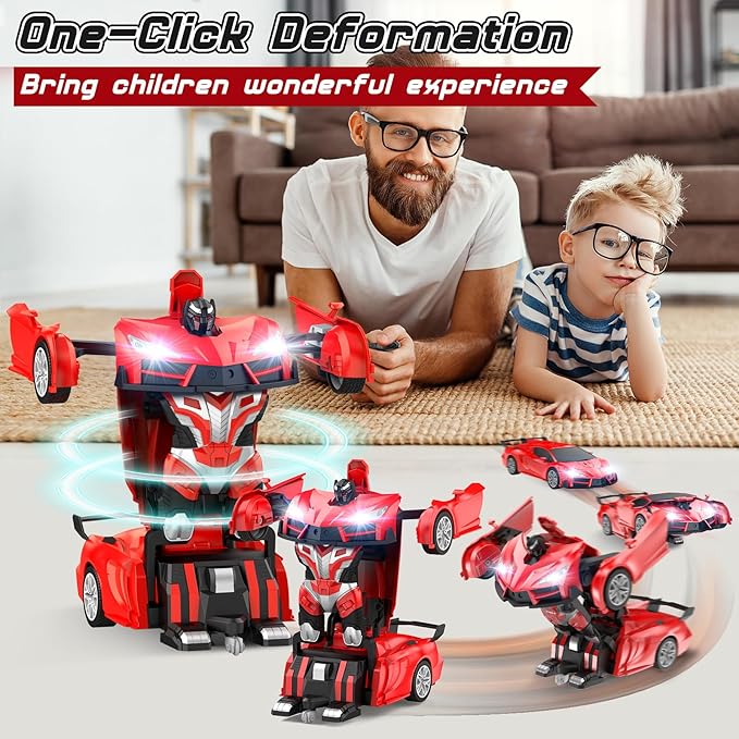 Remote Control Car，Transform Robot RC Cars with Cool LED Headlights, 2.4Ghz Toys Car with 360 Degree Rotation and One-Button Deformation, Christmas Birthday Gifts for Boys Girls(Red)