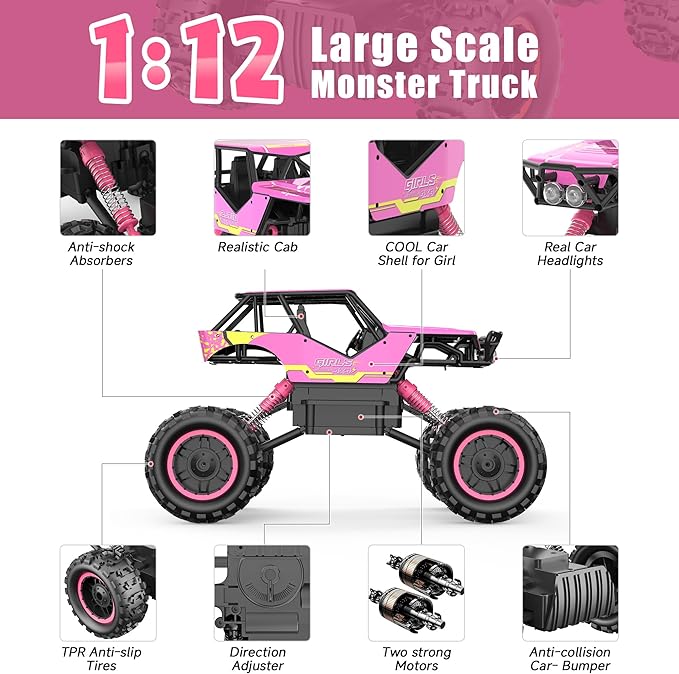 DOUBLE E 1:12 RC Monster Truck - 4WD Off-Road Remote Control Car, Dual Motors, Headlights, Rechargeable, Gift for Boys & Girls