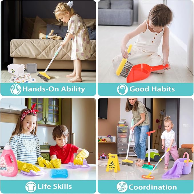 14PCS Toddler Kids Cleaning Toy Set, Kids Adjustable Mop Broom & Dustpan Set, House Cleaning Tool Toys for Toddlers 1-3,Montessori Learning Pretend Play Gift for Girl Boy 1-3-5 Year Old Clean Toy