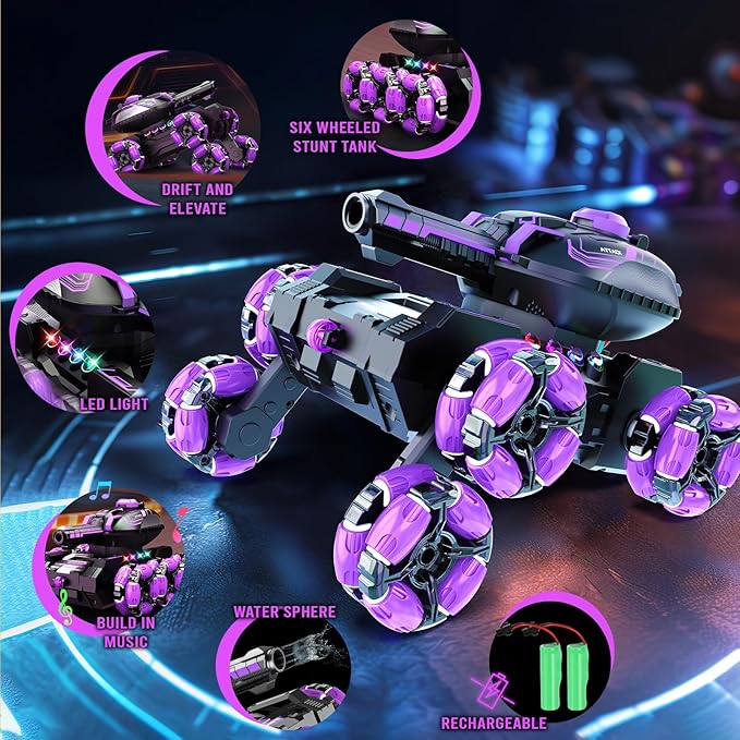 Remote Control Car for Kids, RC Cars Toys for Ages 8-13, 2.4GHz 360° Rotation 6WD RC Stunt Car Water Bomb Toy Birthday Gifts for 6 7 8 9 10 11 12 Year Old Boys Girls (Purple)