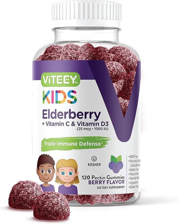 Viteey Sambucus Elderberry Gummies for Kids Immune Support Supplements with Vitamin D3 & Vitamin C 3-1 Immune Booster - Vegetarian, Gelatin Free, Gluten Free, GMO Free - Tasty Chewable Berry Flavored