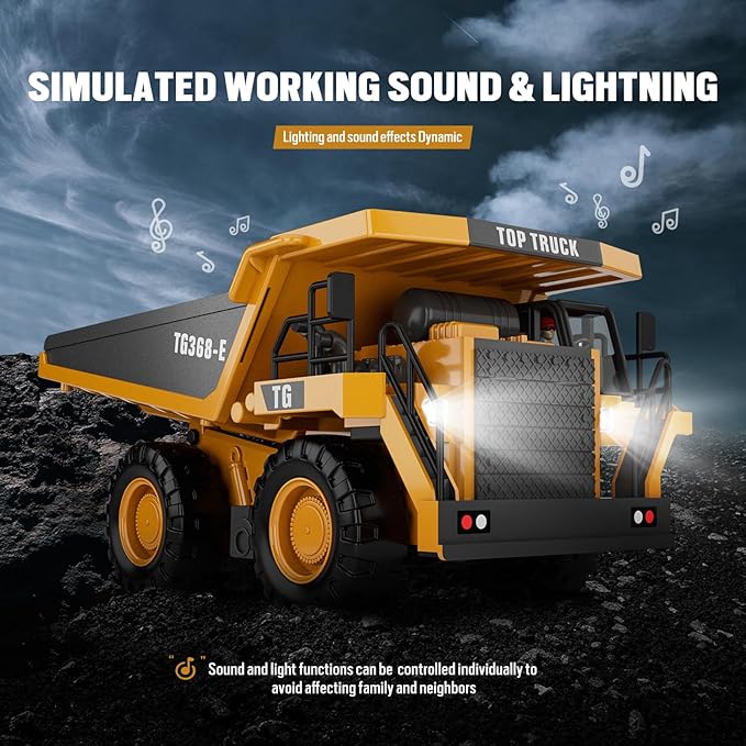 RC Dump Truck Toy, 9-Channel Remote Control Toy with Metal Bed & Light, Rechargeable Battery, Kids Construction Vehicle Truck for 3+ Boys, Perfect 2024 Kid Birthday Gift for Ages 3-12