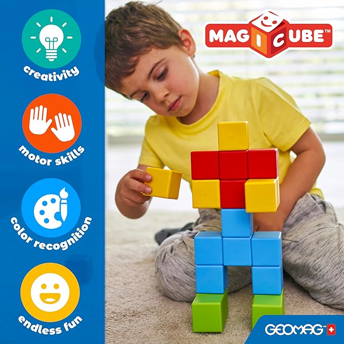 Geomag MagiCube 32-pc Magnetic Blocks Set for Toddlers & Kids Ages 1-5 | Swiss-Made STEM Educational Toy Made from 100% Recycled Plastic | Creative Early Learning Play