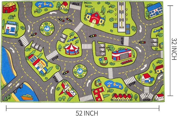 Large Kids Carpet Playmat Rug 52 x 32 with Non-Slip Backing, City Life Play Mat for Playing with Car Toy, Game Area for Baby Toddler Kid Child Educational Learn Road Traffic in Bedroom, Classroom