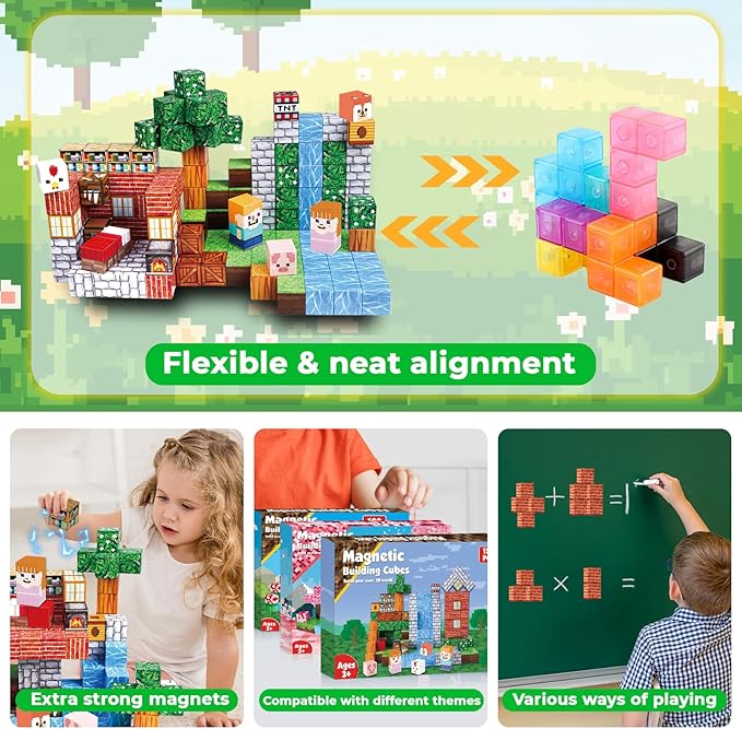 Magnetic Blocks-150PCS Grassland Magnetic Building Blocks Set, Kids Classroom Sensory Toy for Toddlers STEM Learning, Construction Stacking Toy for Kids 3+ Boys and Girls Christmas Birthday Gifts