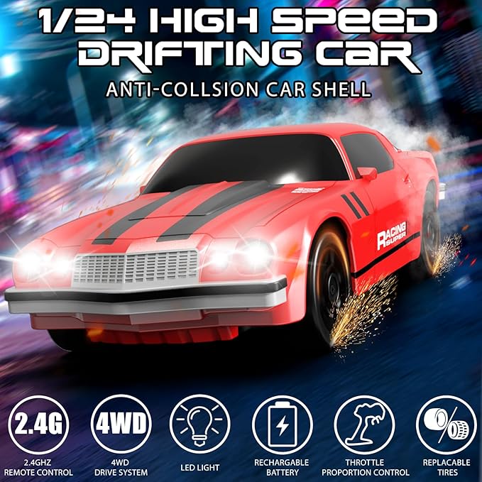 Remote Control Car, 1/24 Scale RC Drift Car, 4WD 15KM/H High Speed RC Cars, Racing Sport Toy Car with LED Lights, Racing Tire, Birthday for Kids Boys Girls, Rechargeable Battery