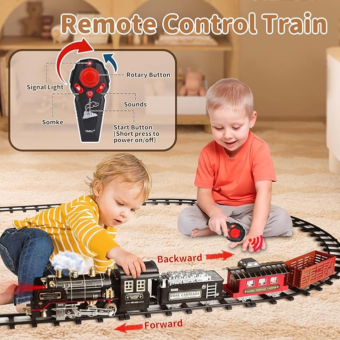 JUQU Train Set - Electric Train Set w/Remote Control, Smoke, Light, Whistle, Toy Train Set for Under Christmas Tree w/Track, Toddler Model Trains for 3 4 5 6 7 8+ Years Old Boys Christmas Toys Gift