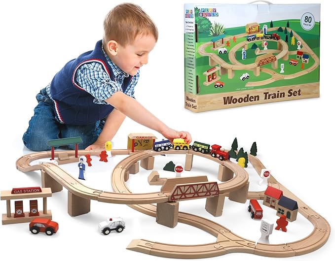 Wooden Train Set, Complete Toddler Train Set, Interactive Play & Learn Set, Creative Wooden Train Track Design, Premium Quality, Ages 3+ (80 Piece Set)