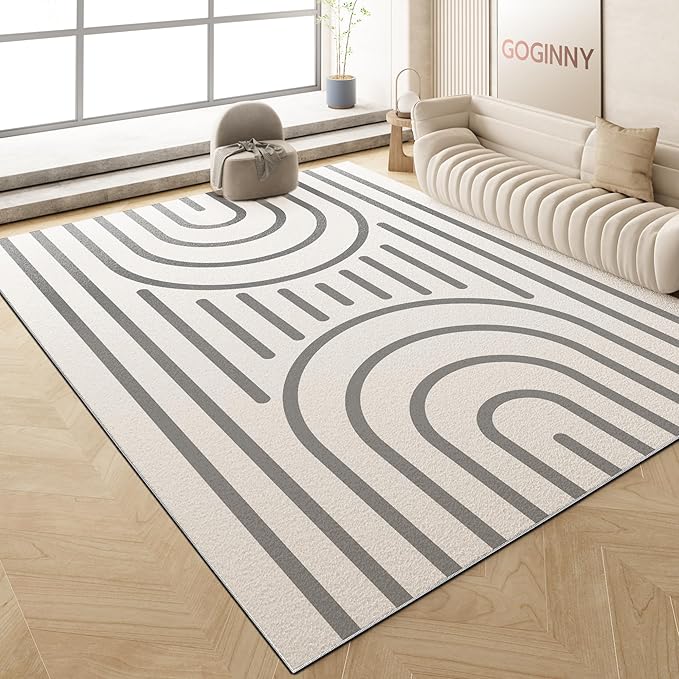 Washable 5x7 Modern Area Rug for Living Room, Grey White Minimalist Artistic Abstract Large Rug, Ultra Thin Low Pile Lightweight Soft Indoor Carpet with Nonslip Backing for Home Bedroom Kids Play Room