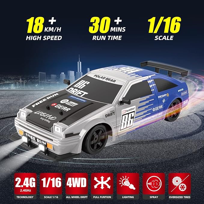 RC Drift Remote Control Car, 1/16 2.4GHz 4WD With LED Lights, Rechargeable Battery and Drifting Tires - Toy for Adults, Boys, Kids