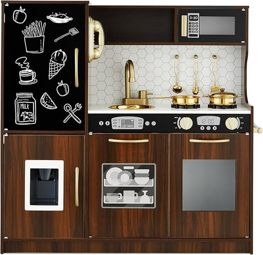 Best Choice Products Pretend Play Kitchen Wooden Toy Set for Kids w/Realistic Design, Telephone, Utensils, Oven, Microwave, Sink - Espresso