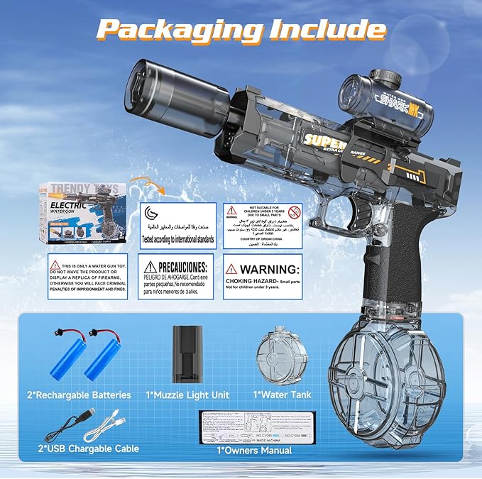 2 Pack Electric Water Guns,Auto Watergun Soaker Blaster with Muzzle Lights,Squirt Gun Long Range 23-32 FT,Outdoor Party Water Shooting Game Toy with 4 Batteries,Ideal Summer Gift for Kids & Adults.
