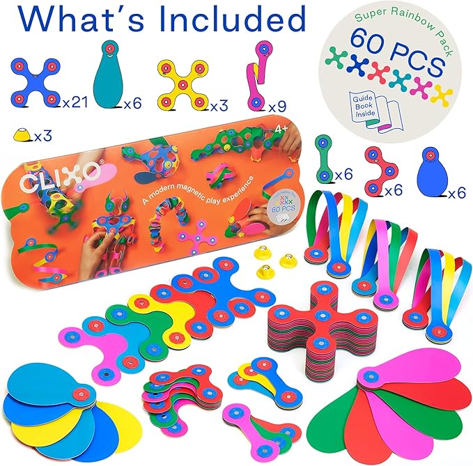 Clixo Super Rainbow, 60 Piece Pack - A Versatile, Travel Friendly Magnetic Building Toy, Flexible Design for Hours of Fun Creative STEM Play, Great Gift for Curious Kids. Ages 4-99