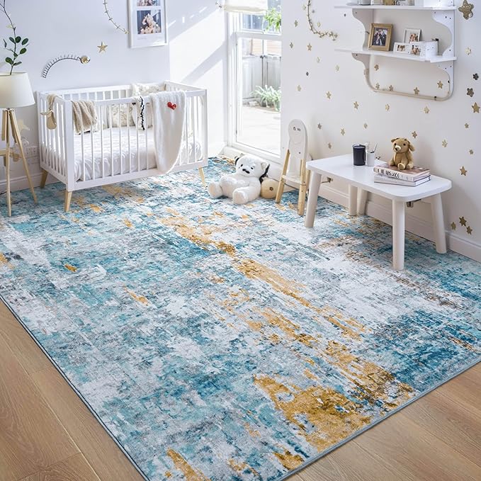 Ompaa Living Room Rug 8x10 Blue Area Rugs Machine Washable Abstract Boho Large Carpet Non-Slip Non-Shedding Faux Wool Indoor Vintage Rugs for Bedroom, Classroom, Dining Room, Kids Playroom