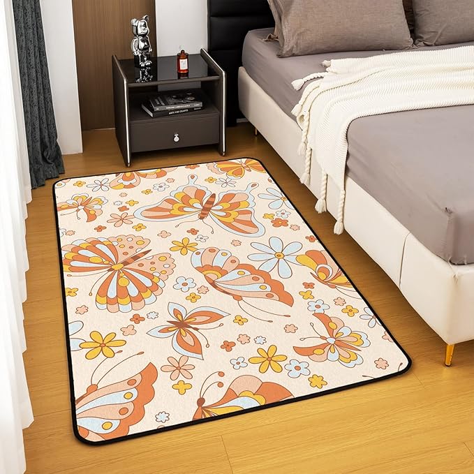 Erosebridal Retro 70S 60S Floral Hippie Area Rugs 5x7 for Kids Girls Cute Groovy Butterfly Flower Power Decorative Rug Boho Natural Flowers Rainbow Garden Botanical Washable Carpet