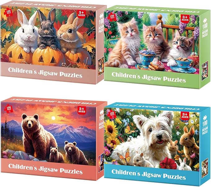 Puzzles for Kids Ages 6-8 - 4 x 100 Piece Puzzles for Kids Lovely Animals Large Piece Jigsaw Puzzles for Seniors Educational Toys Gifts Kids Puzzles for 4 5 6 7 8 9 Year Olds Boys Girls