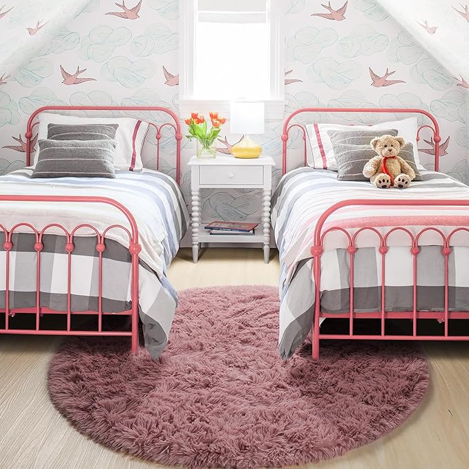 Blush Pink Fluffy Round Rug 5Ft for Bedroom, Fuzzy Plush Circle Area Rugs for Baby Kids Room Decor Aesthetic, Shaggy Circular Carpet for Teen Girls Nursery Dorm Playroom, Cute Dusty Rose Mauve Rug