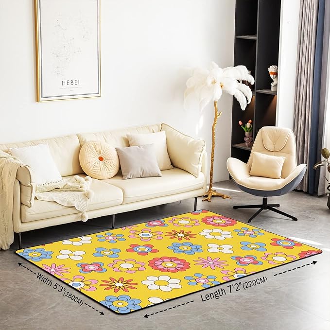 Erosebridal Cute Retro Groovy Flowers Area Rug 5x7 Kawaii Colorful Floral Rug for Kids Girls Bedroom,Cartoon 70S 80S Carpet Hippie Aesthetic Non Slip Living Room Rugs