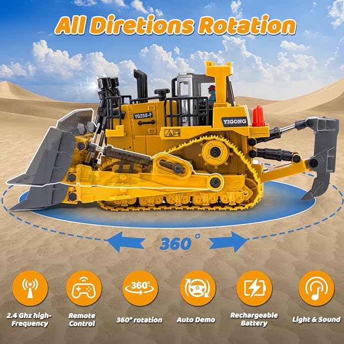 Rc Bulldozer Toys - Remote Control Bulldozer Construction Vehicles Trucks Toys for Boys Kids Age 7 8-12 - Metal Remote Control Electric Tractor Loader Toys with Light and Sound - Birthday Gift