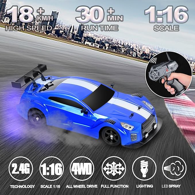YUZ Remote Control Car RC Drift Car 1/16 Scale 4WD 18KM/H High Speed RC Car 2.4GHz with LED Lights Spray Racing Toy Car for Adults Boys Girls Kids Birthday 2Pcs Rechargeable Batteries, Blue