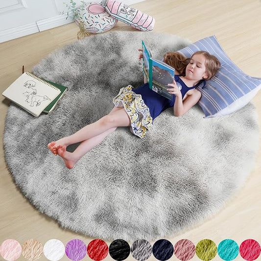 Amdrebio Tie-Dyed Light Grey Round Area Rugs for Living Room, 6x6 Ft, Soft Large Circle Rugs for Bedroom, Big Shag Fluffy Fuzzy Carpet for Kids Room, Modern Floor Circular Rug, Furry Farmhouse Rug