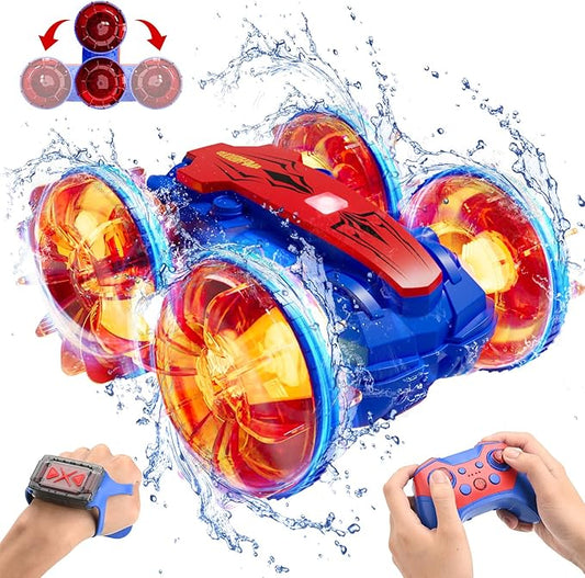 Remote Control Amphibious Gesture RC Boat Car - 4WD Waterproof Stunt Vehicle With LED Lights, Water Beach Pool Toys for Kids Ages 4-12 - Gifts for Boys Girls (Blue&Red)