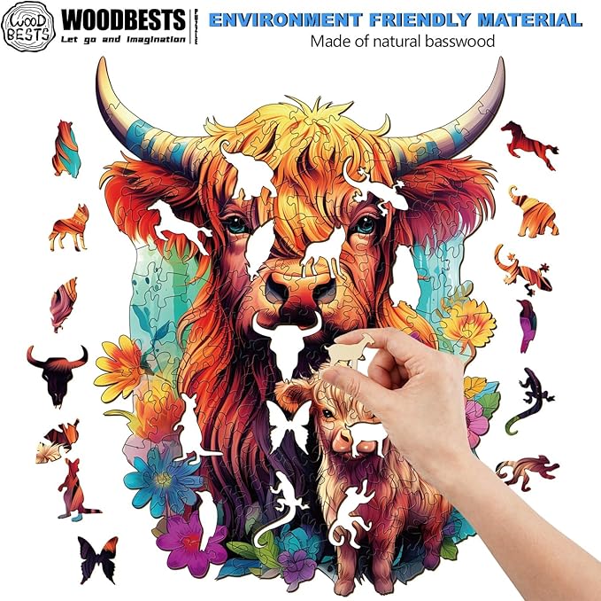 WOODBESTS Wooden Puzzles for Adults, Highland Cattle Family Puzzle (S, 80pcs, 6.8"x8.5") Adult Puzzles, Wooden Jigsaw Puzzles Unique Shape, Birthday Gifts for Adults and Kids Family Game