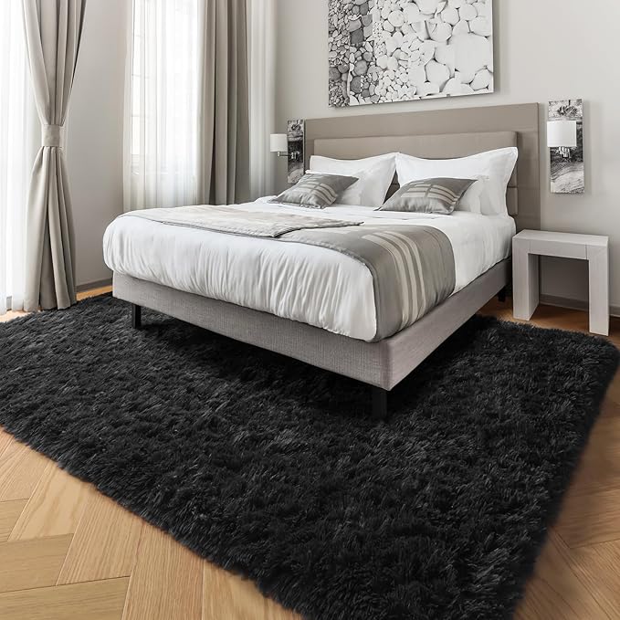 PAGISOFE 4x6 Fluffy Bedroom Rugs Black Modern Living Room Area Rug Fuzzy Shaggy Carpet Indoor Plush Nursery Rugs for Kids Room Furry Floor Rug for Boys Carpet for Teen Dorm Room Decor