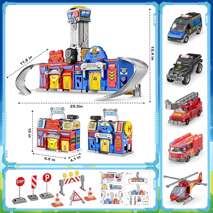 Ochido Boys Toys for 3 4 5 6 Years Old,Large City Action Playset Kit with Lights Sounds,Walkie-Talkie,Foldable Police & Fire Station Transform Track Toy with 4 Cars,Helicopter,7 Accessories
