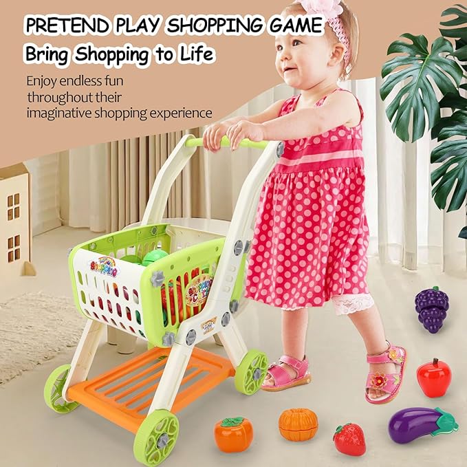 Kids Shopping Cart with Cutting Play Food Set for Kids Kitchen, 2 in 1 Shopping Cart for Kids Grocery Store Pretend Play Kitchen Accessories Sorting Food Bucket Learning Toys Gift for Toddler 3-5